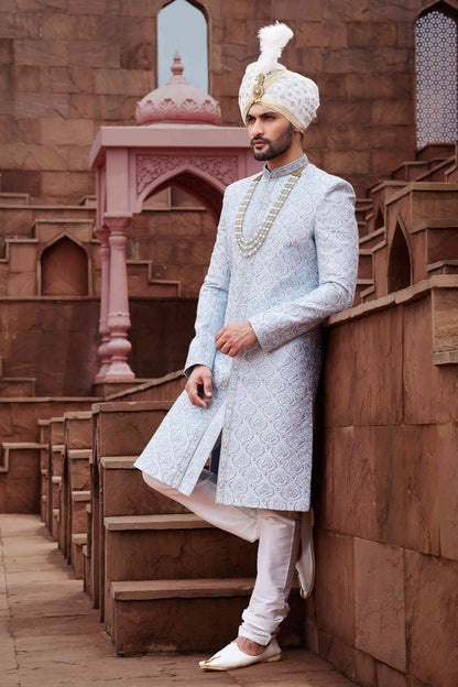 Sky Blue Designer Wedding Sherwani for Groom with Embroidery