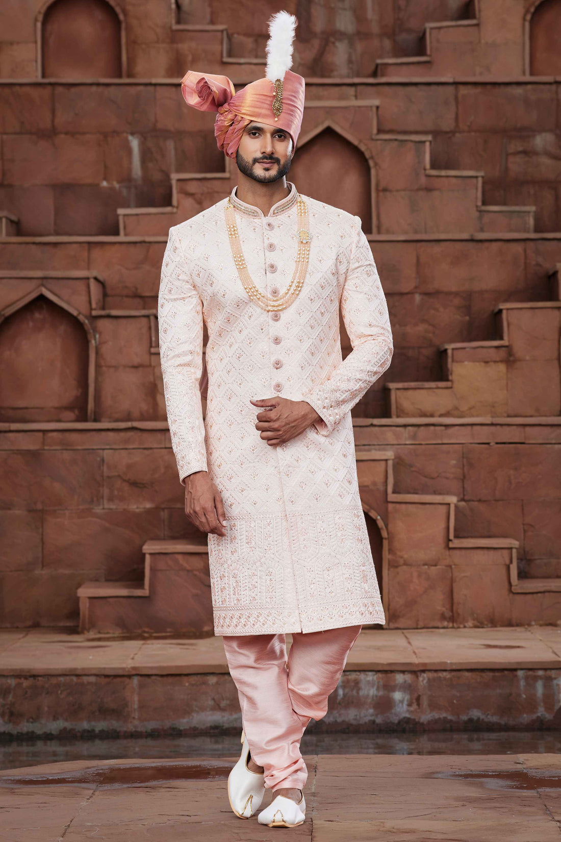 Peach Royal Sherwani for Groom with Hand Embroidery