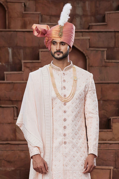 Peach Royal Sherwani for Groom with Hand Embroidery