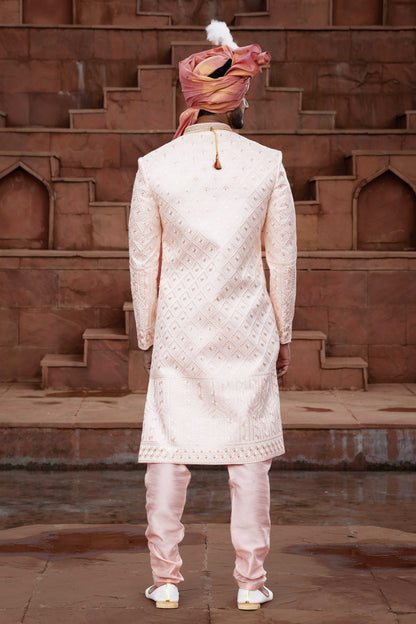 Peach Royal Sherwani for Groom with Hand Embroidery