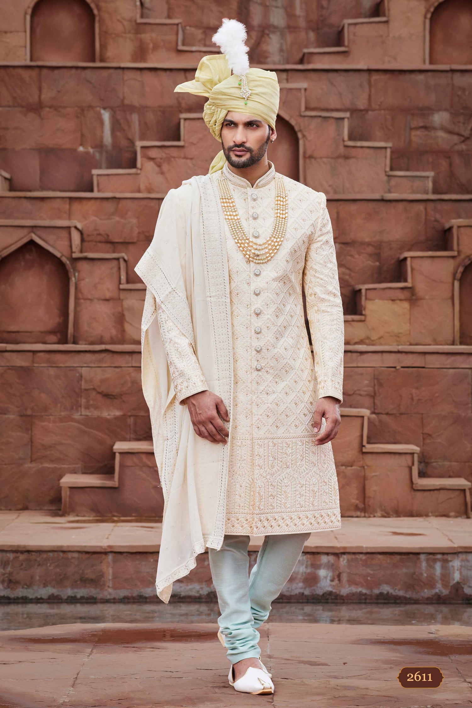 Off White Designer Sherwani for Groom with Embroidered Work