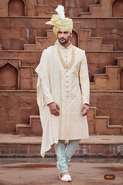 Off White Designer Sherwani for Groom with Embroidered Work