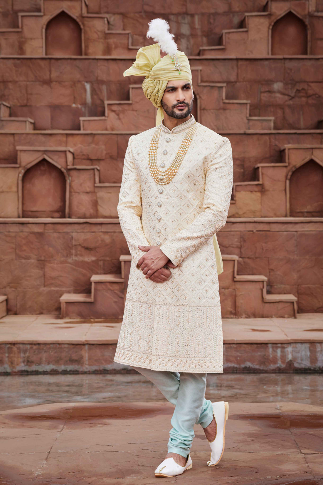 Off White Designer Sherwani for Groom with Embroidered Work