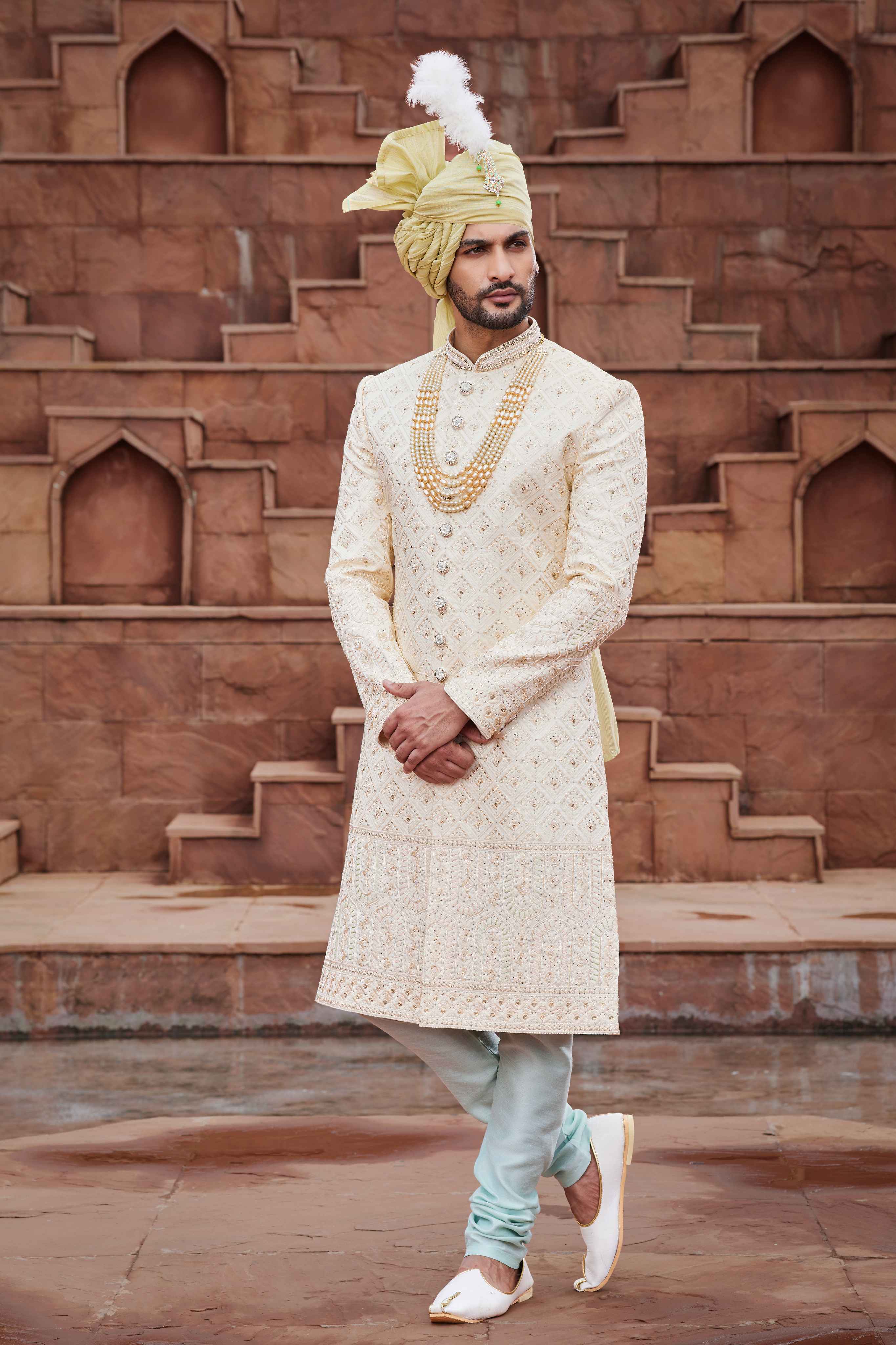 Off White Designer Sherwani for Groom with Embroidered Work