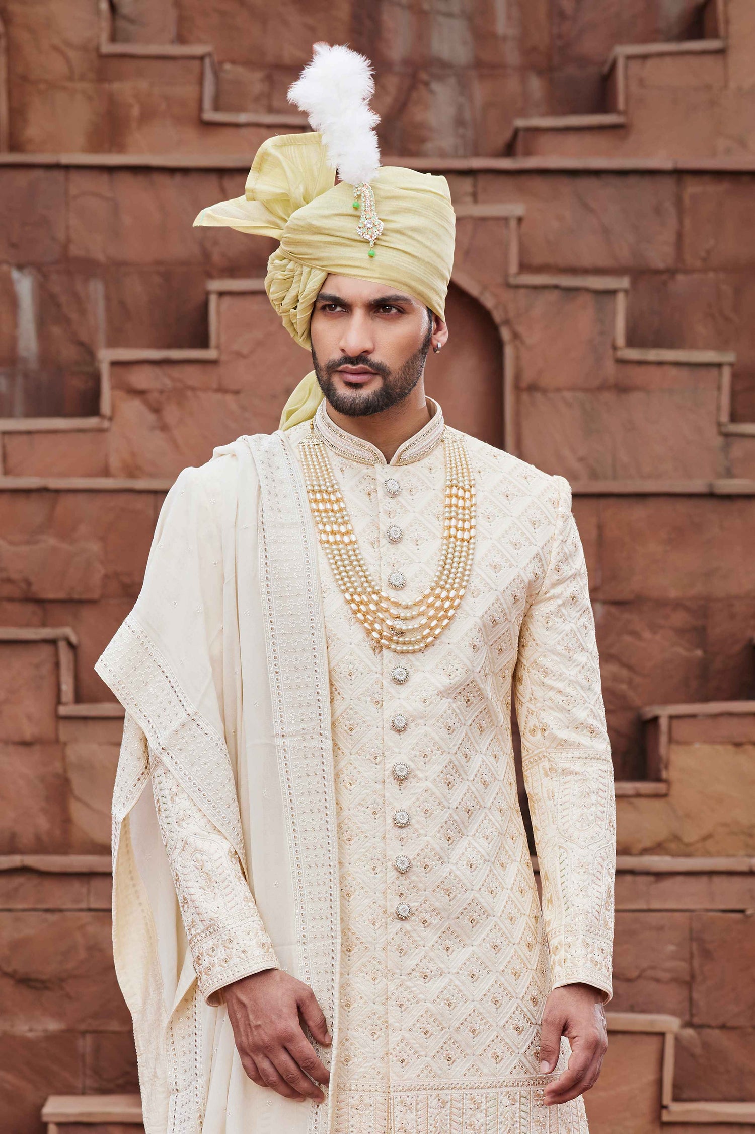 Off White Designer Sherwani for Groom with Embroidered Work