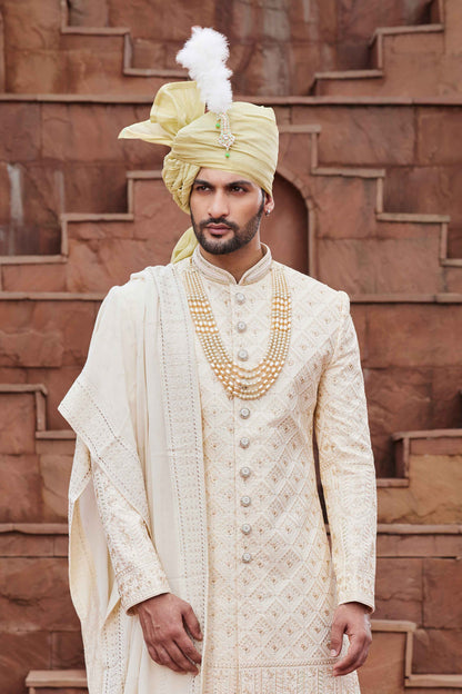 Off White Designer Sherwani for Groom with Embroidered Work