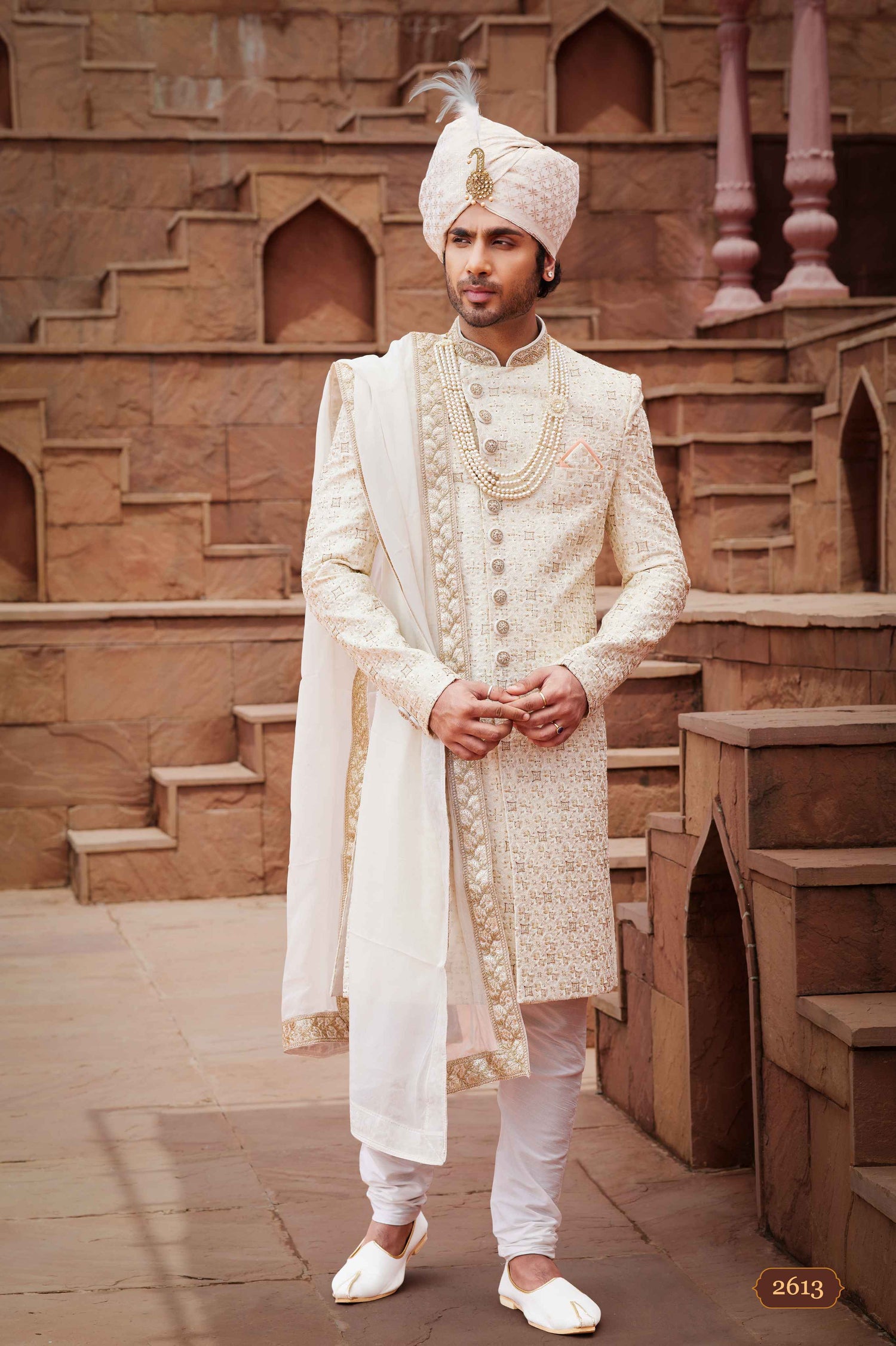 Cream Gold Wedding Sherwani for Groom with Embroidery