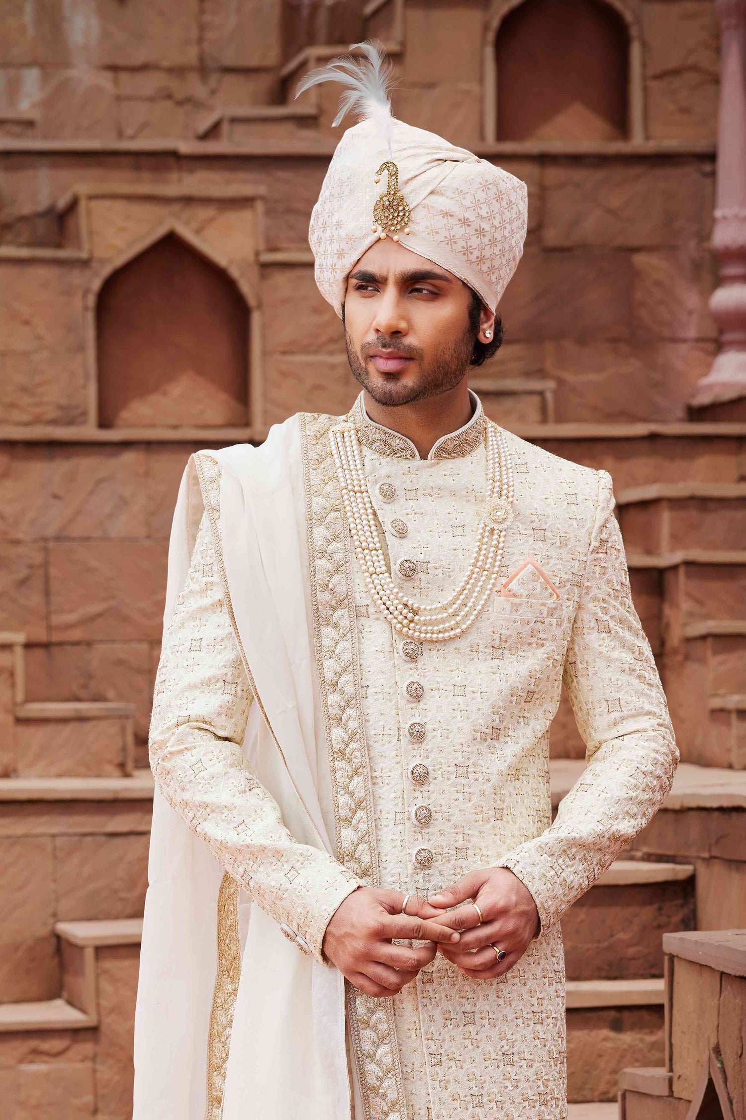 Cream Gold Wedding Sherwani for Groom with Embroidery
