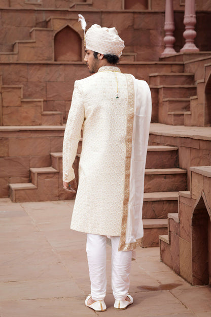 Cream Gold Wedding Sherwani for Groom with Embroidery