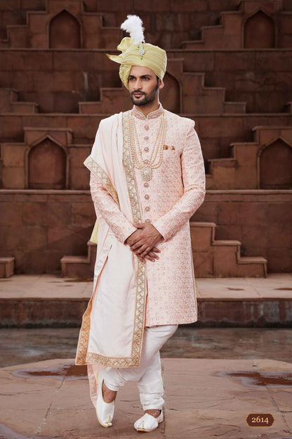 Peach Embroidered Sherwani for Groom with Designer Ethnic Work