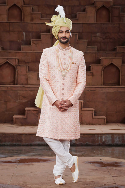 Peach Embroidered Sherwani for Groom with Designer Ethnic Work