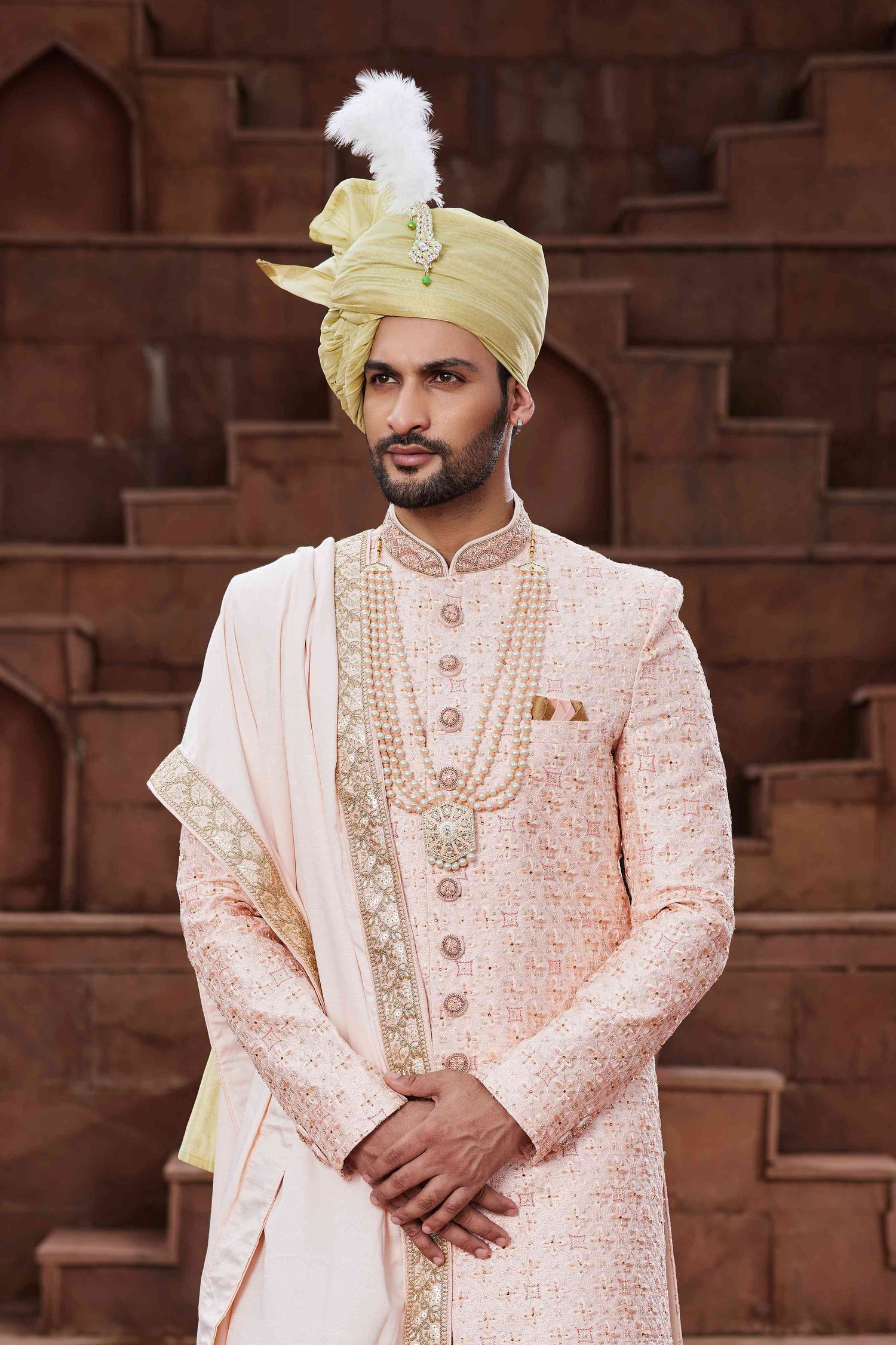 Peach Embroidered Sherwani for Groom with Designer Ethnic Work