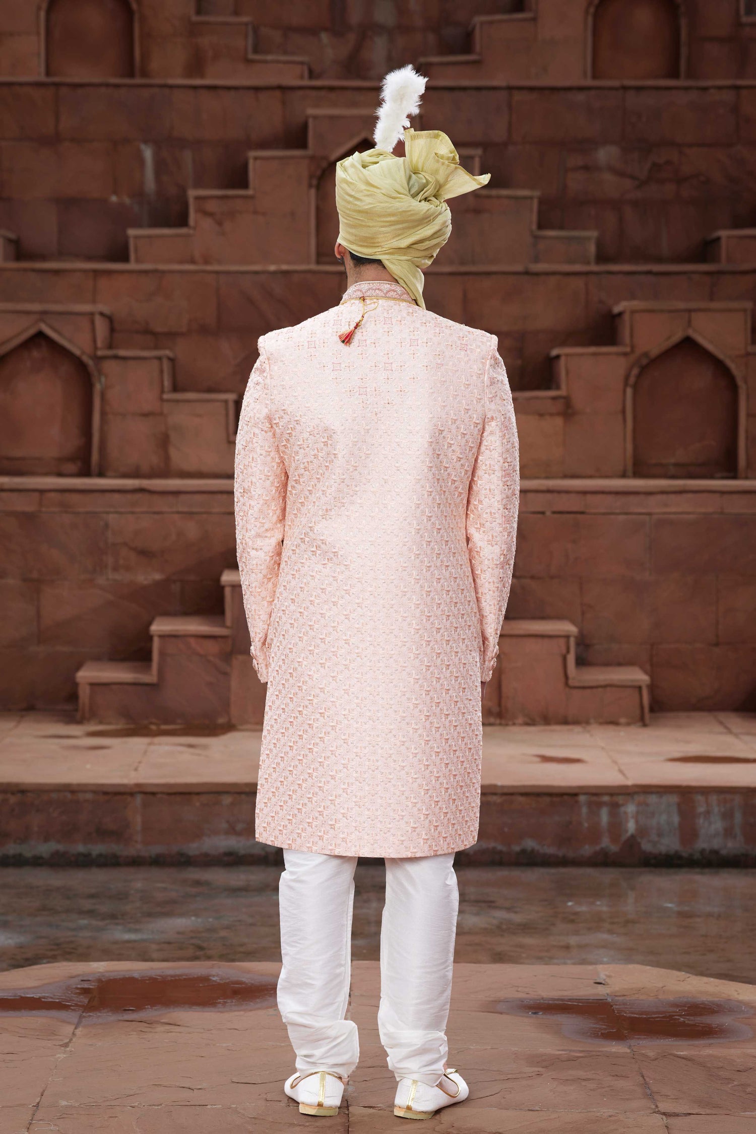 Peach Embroidered Sherwani for Groom with Designer Ethnic Work