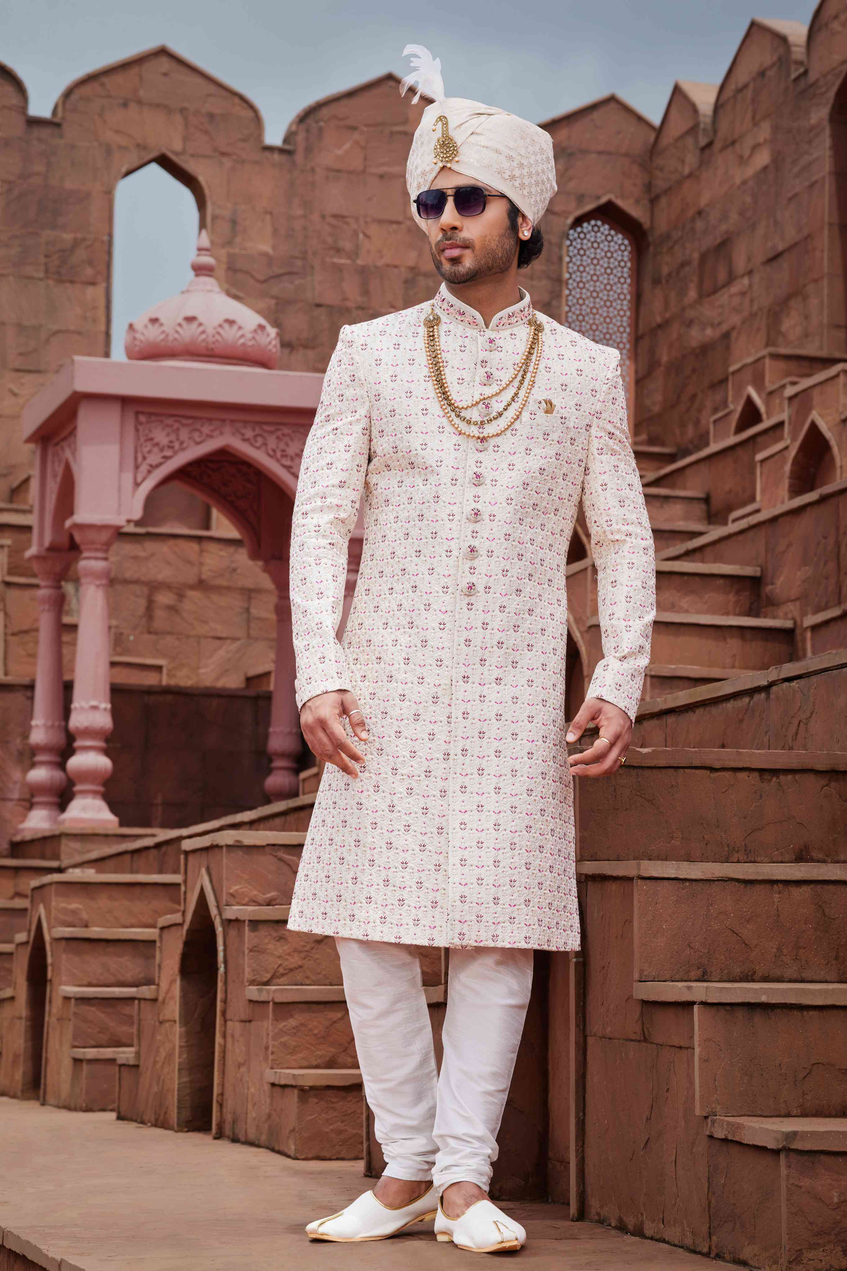 Cream Designer Sherwani for Men with Royal Embroidery