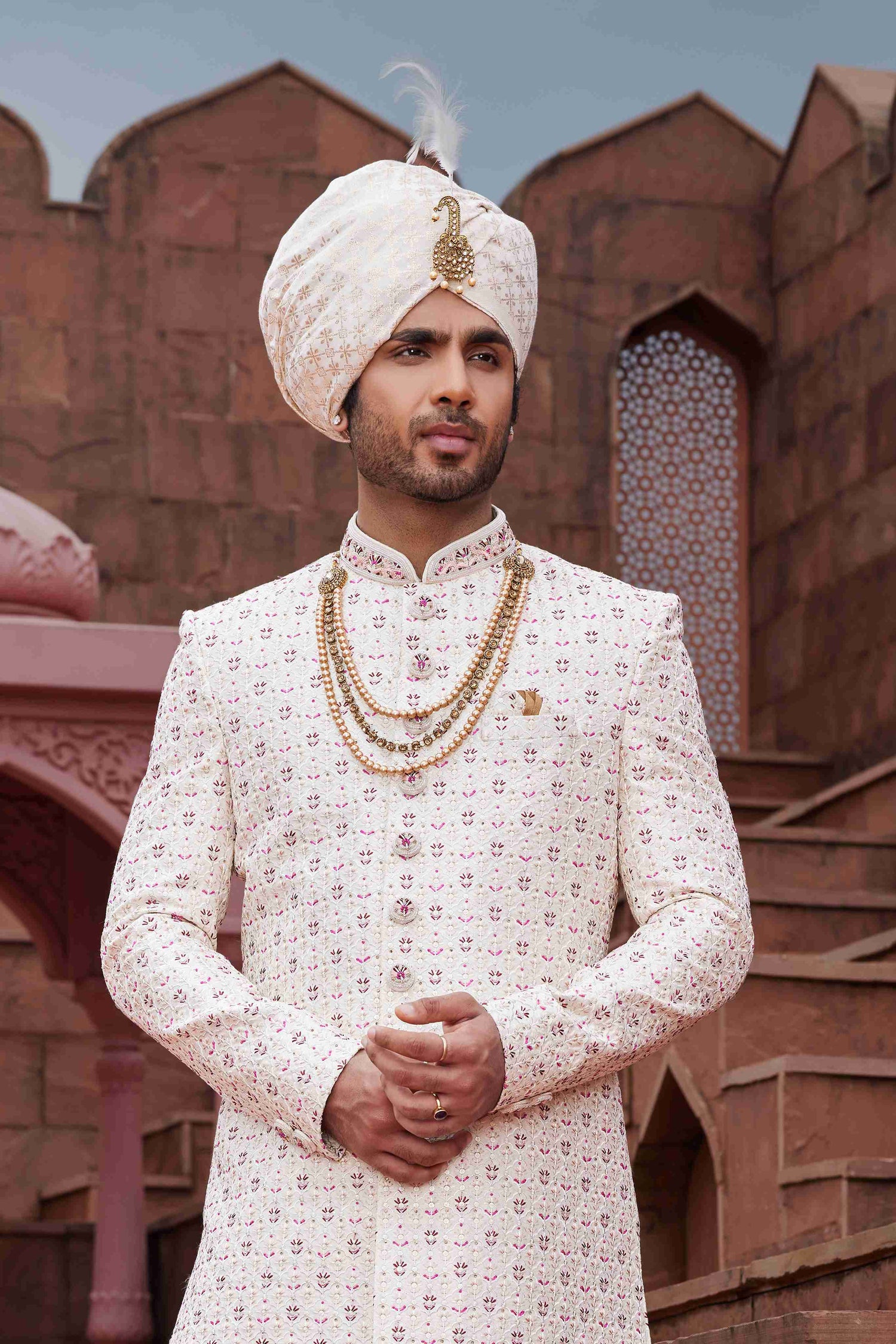 Cream Designer Sherwani for Men with Royal Embroidery