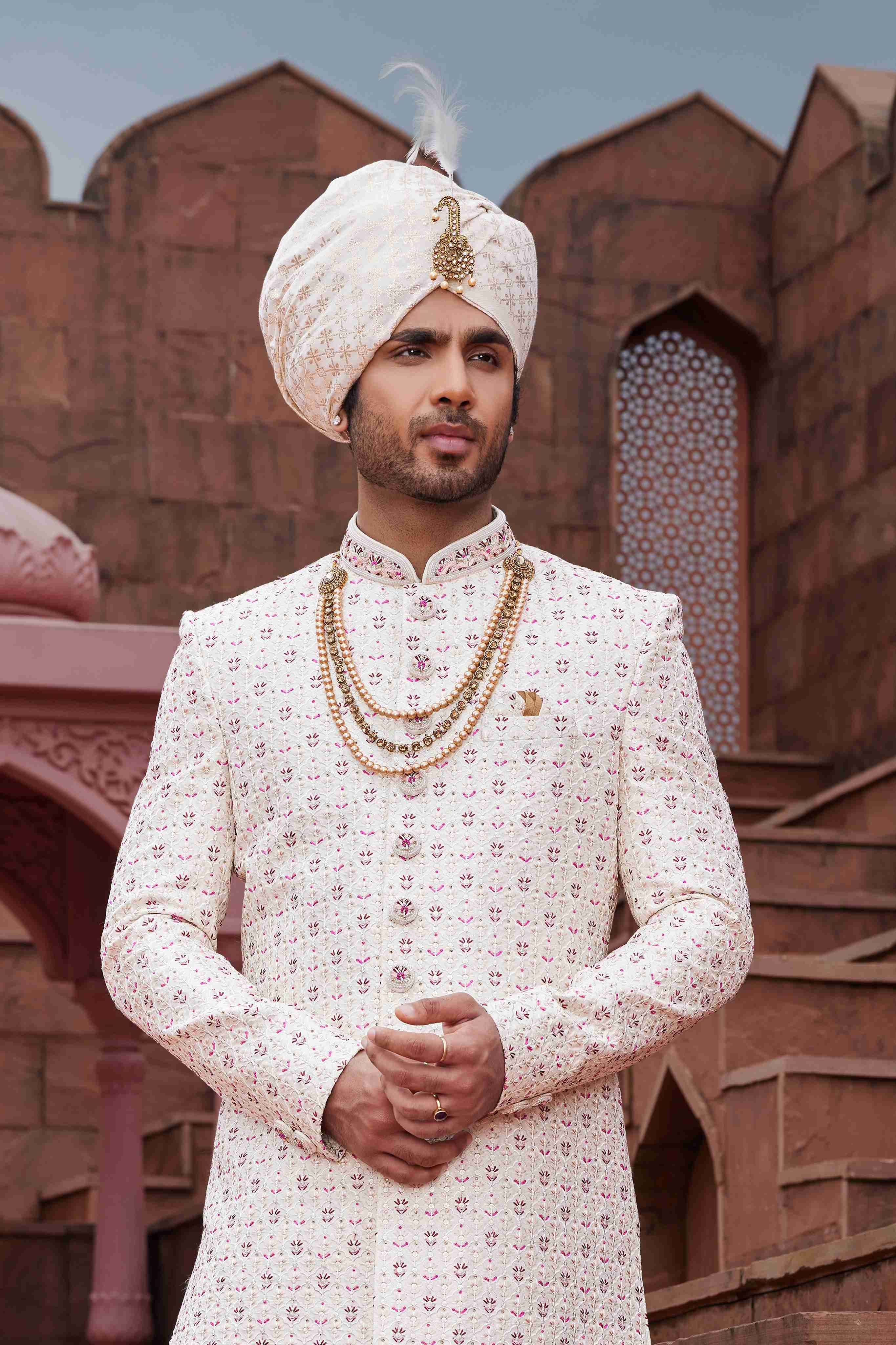 Cream Designer Sherwani for Men with Royal Embroidery