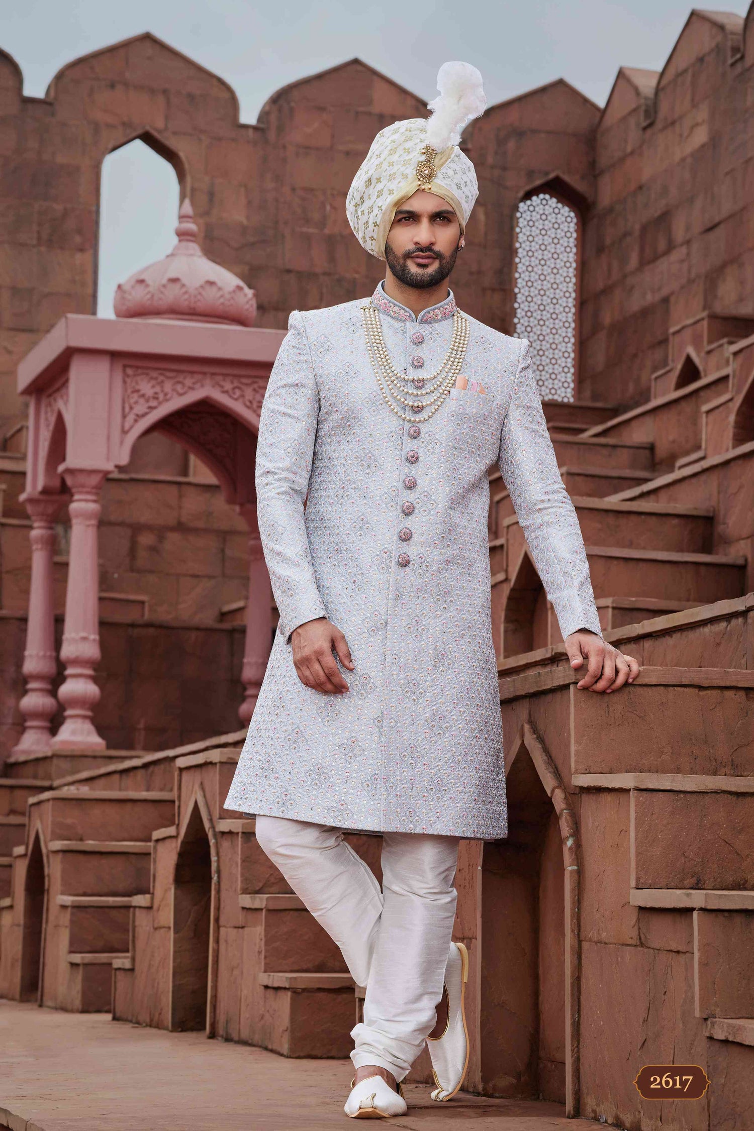 Silver Grey Designer Sherwani for Groom with Embroidery