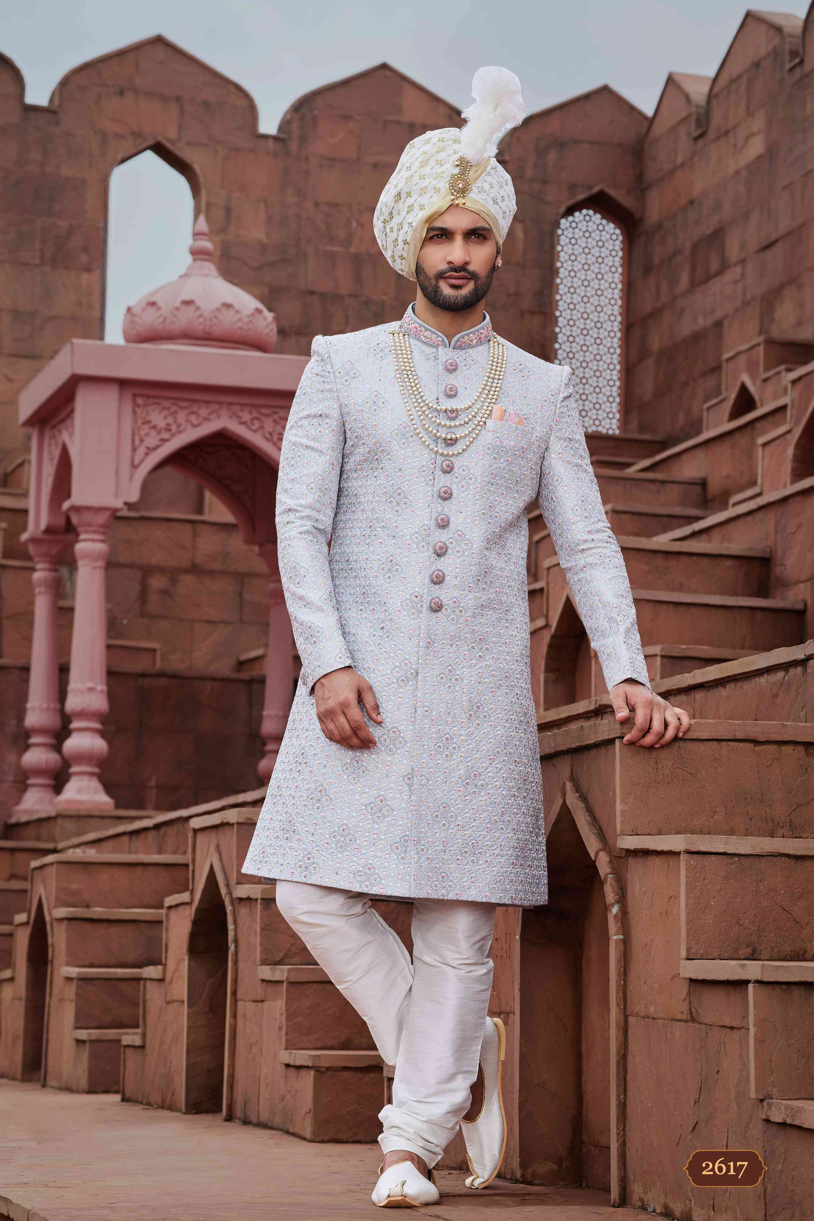 Silver Grey Designer Sherwani for Groom with Embroidery