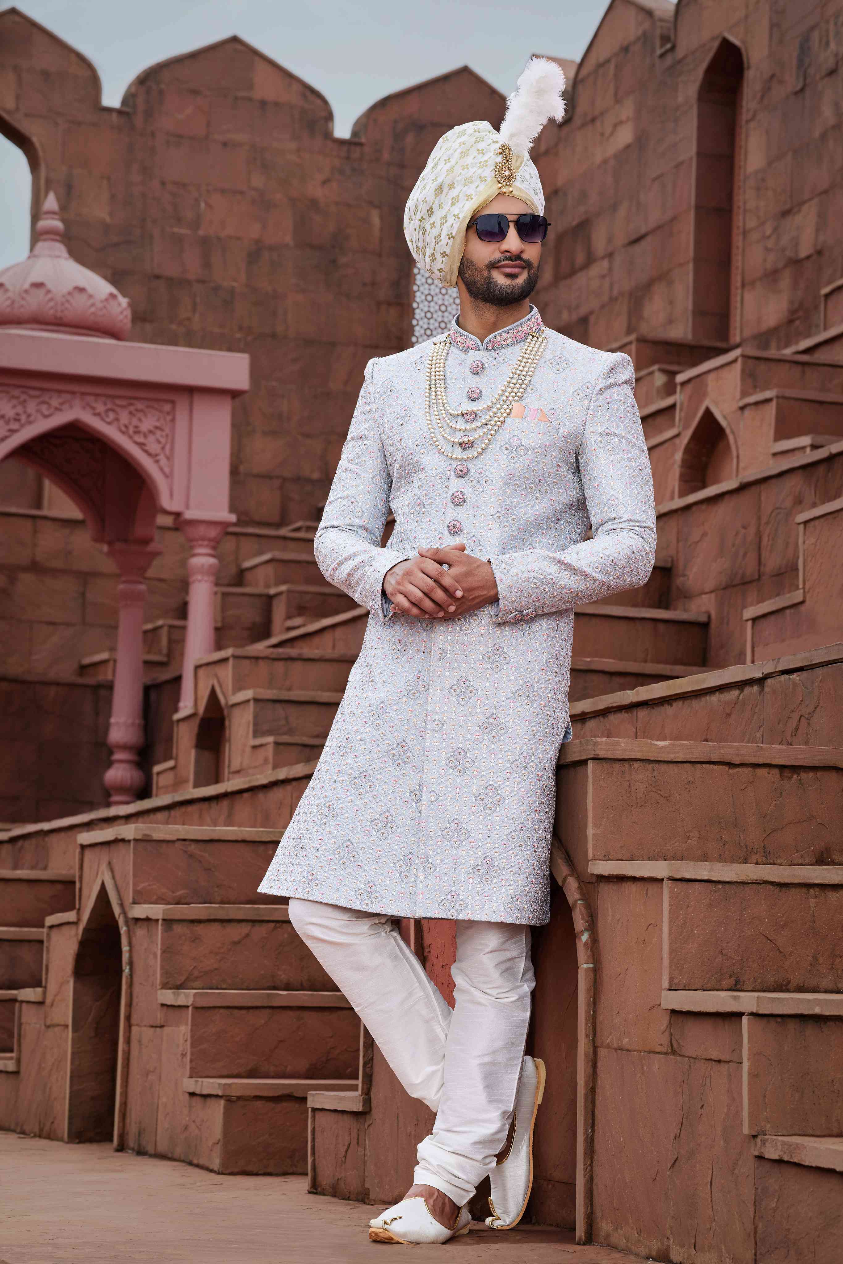 Silver Grey Designer Sherwani for Groom with Embroidery