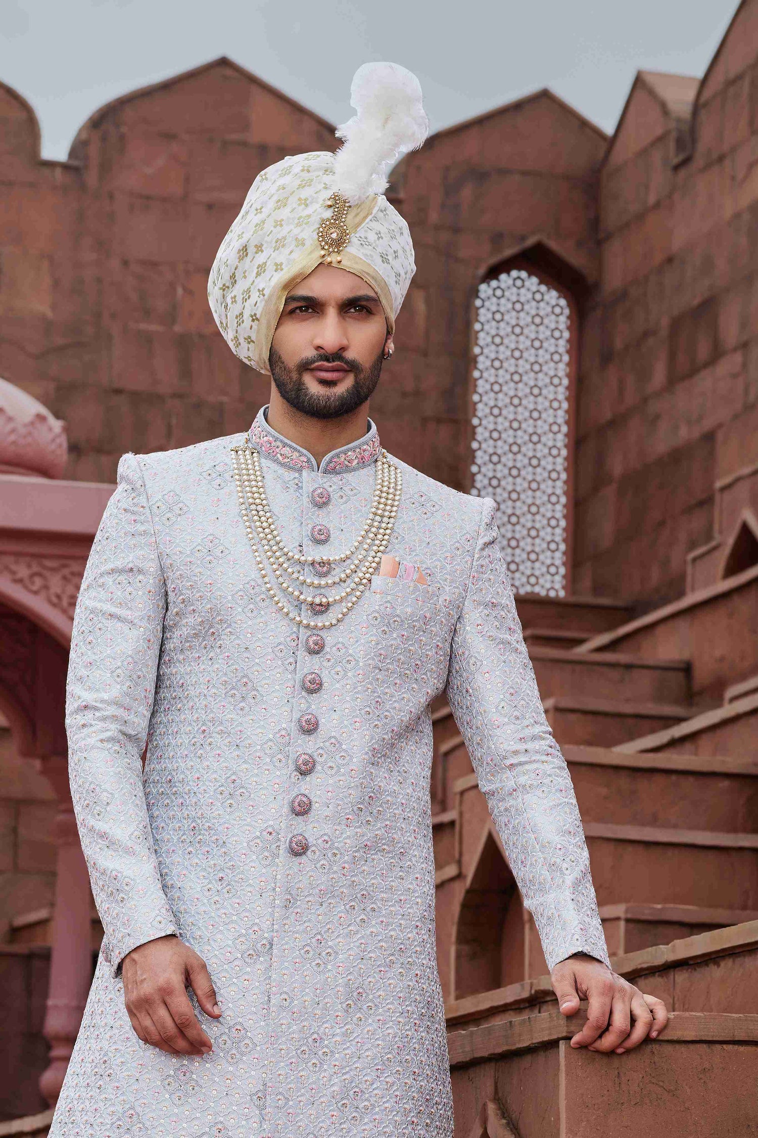 Silver Grey Designer Sherwani for Groom with Embroidery