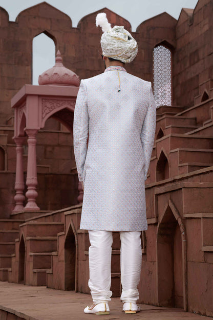 Silver Grey Designer Sherwani for Groom with Embroidery