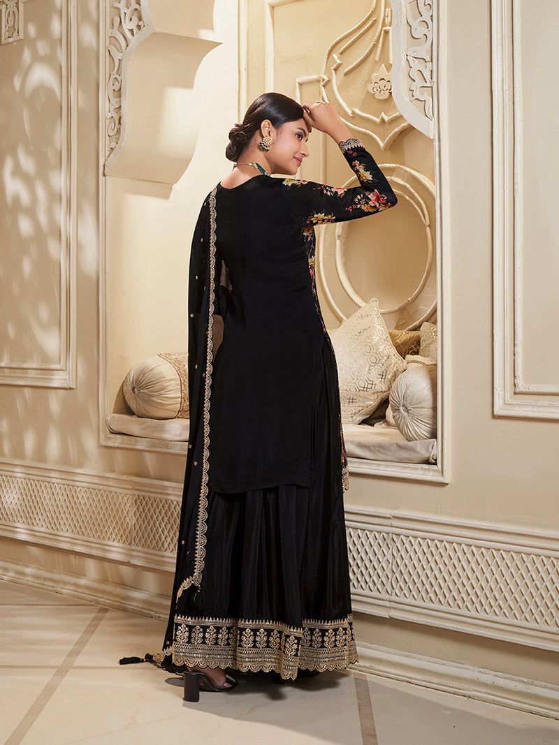 Chinon Sharara Suit with Embroidered Scalloped Dupatta