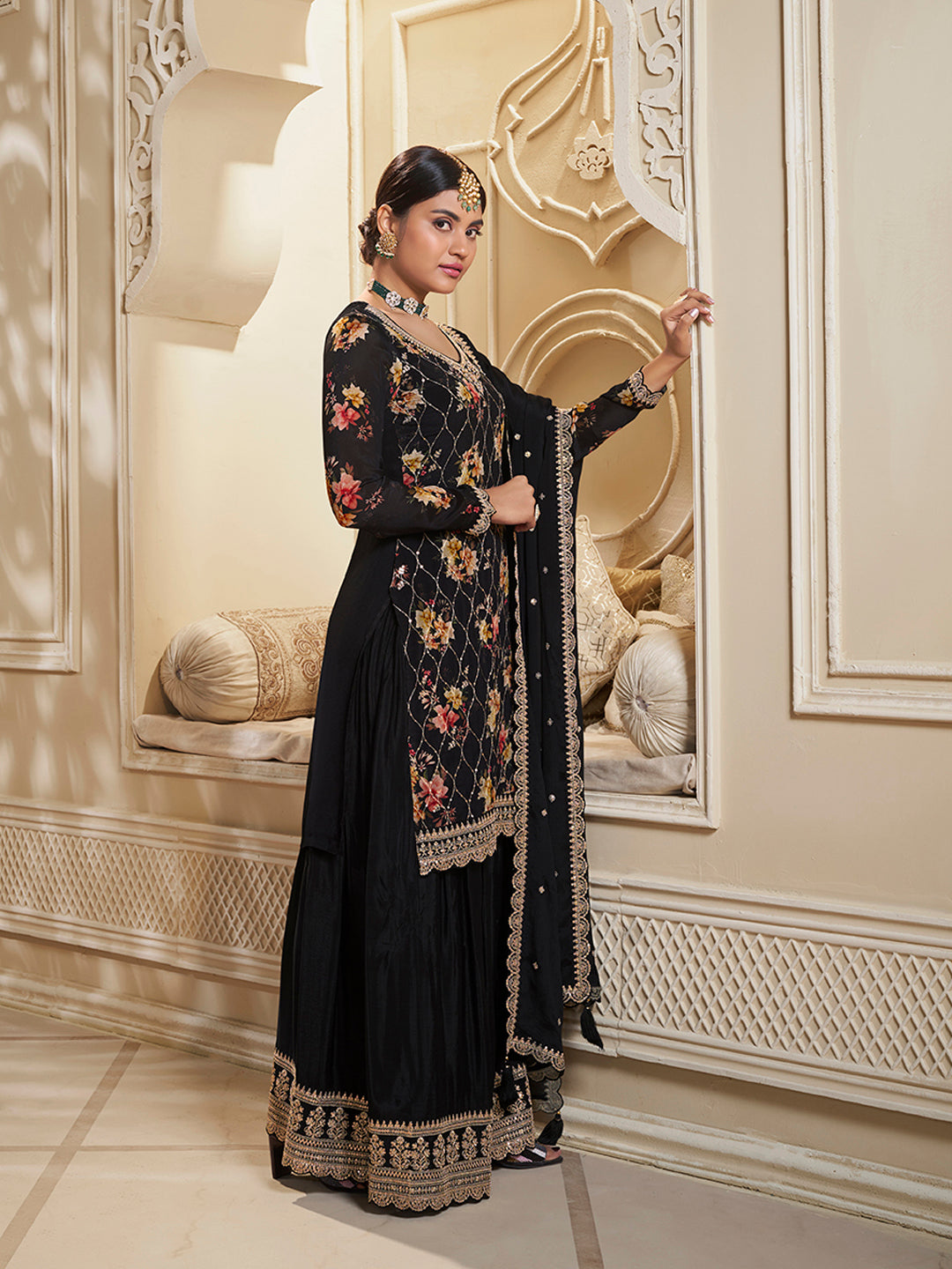 Black Chinon Kurta Sharara Set with Floral Embroidery