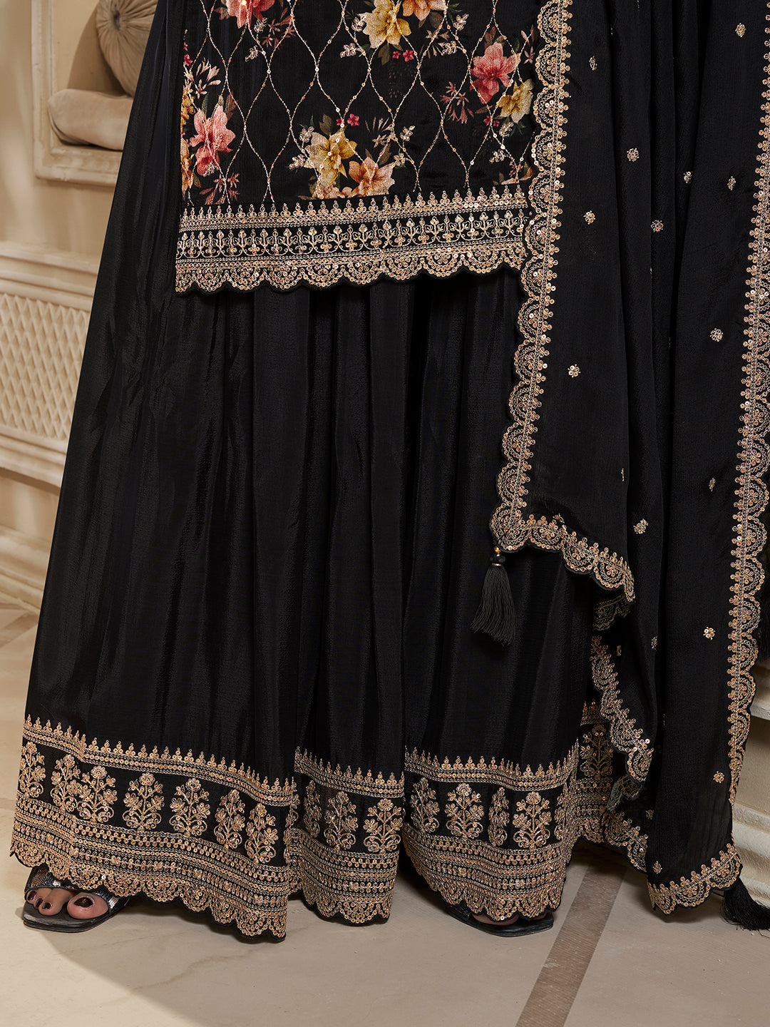 Black Chinon Embroidered Kurta Sharara Suit with &amp; Dupatta