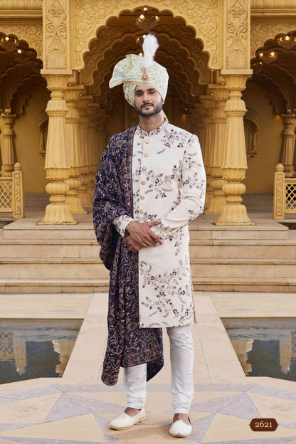 Cream Art Silk Designer Sherwani with Embroidered Dupatta