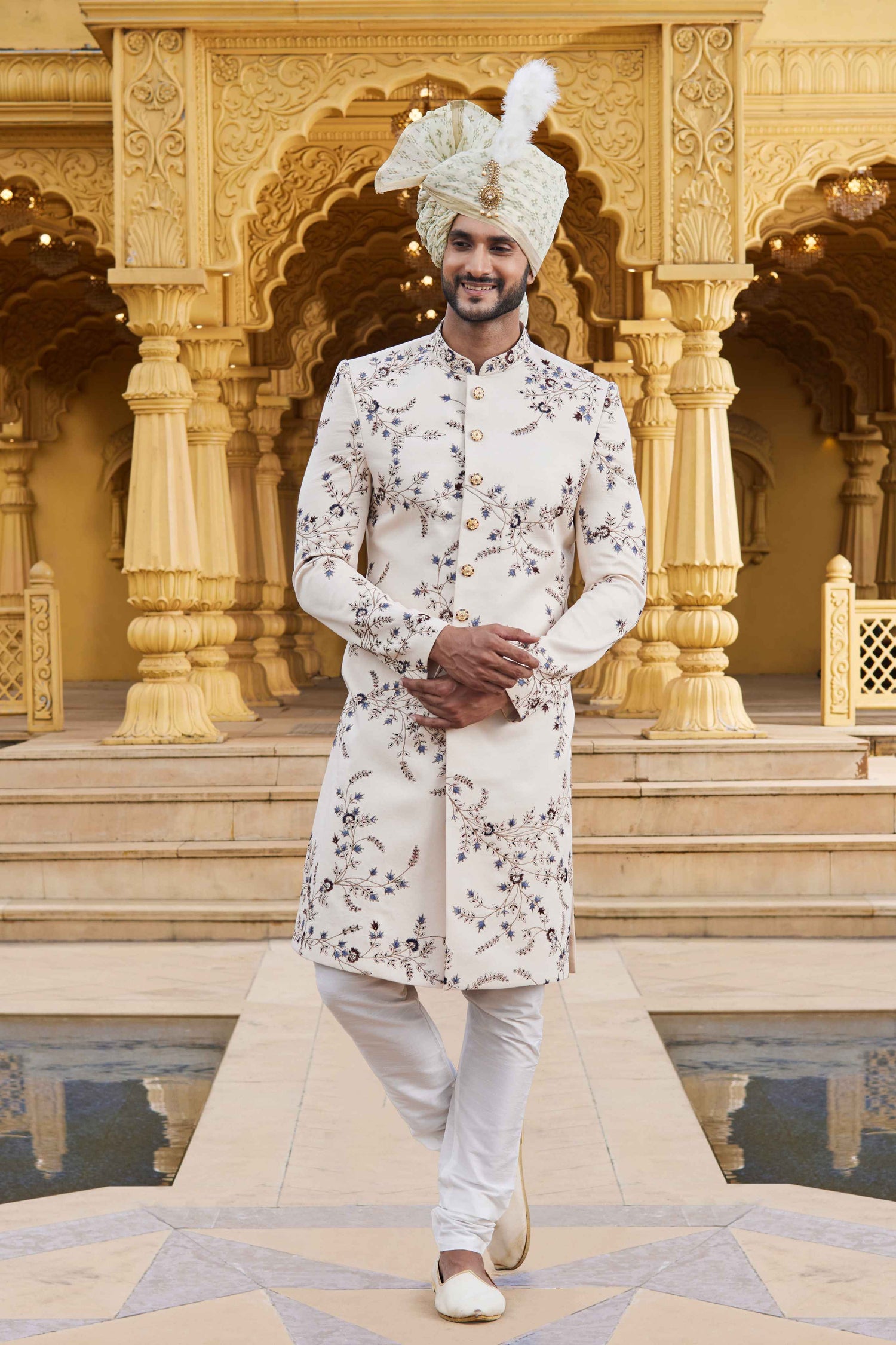 Cream Art Silk Designer Sherwani with Embroidered Dupatta