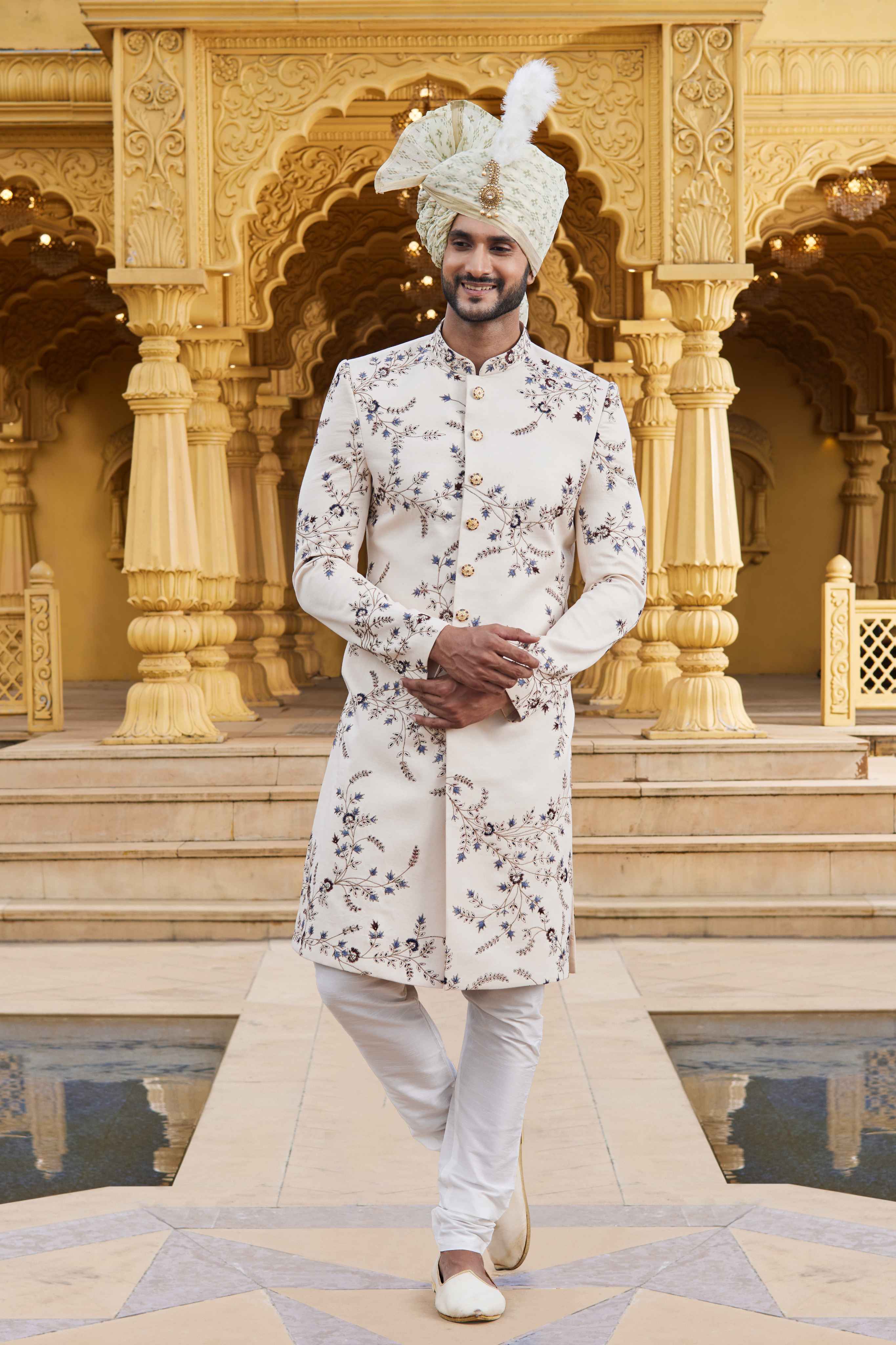 Cream Art Silk Designer Sherwani with Embroidered Dupatta