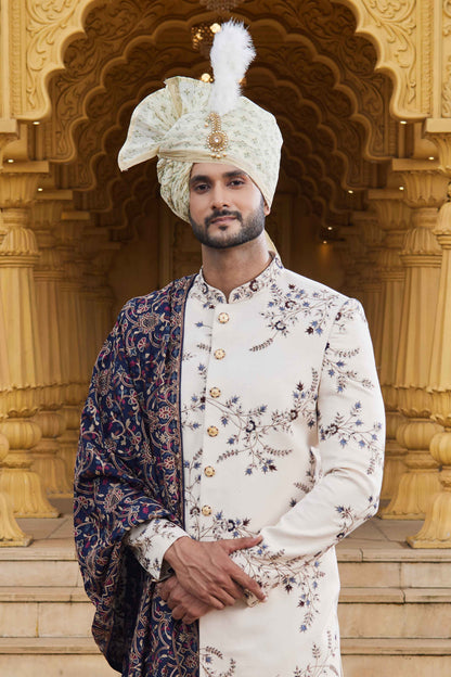 Cream Art Silk Designer Sherwani with Embroidered Dupatta