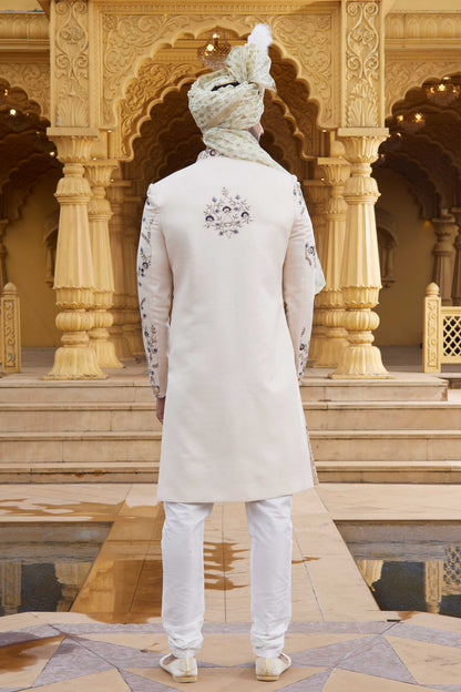 Cream Art Silk Designer Sherwani with Embroidered Dupatta