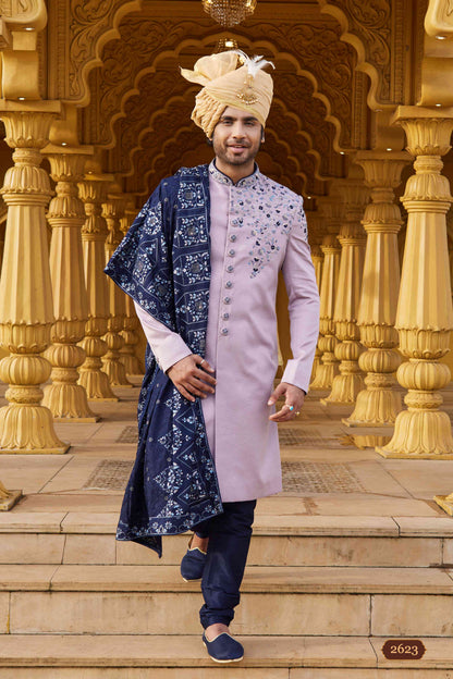 Lavender Blue Designer Sherwani with Hand Embroidery