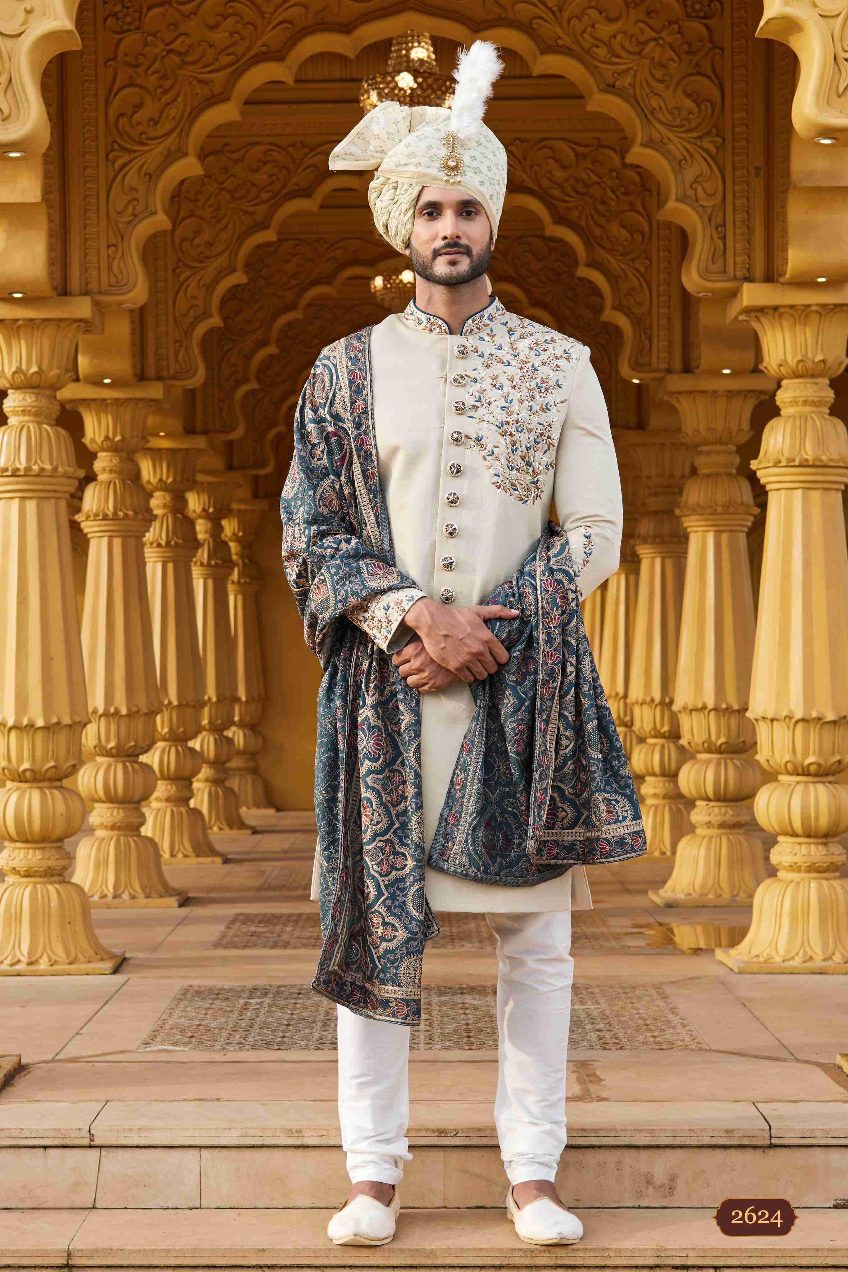 Ivory Cream Embroidered Sherwani with Designer Shawl
