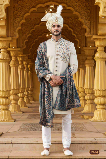 Ivory Cream Embroidered Sherwani with Designer Shawl