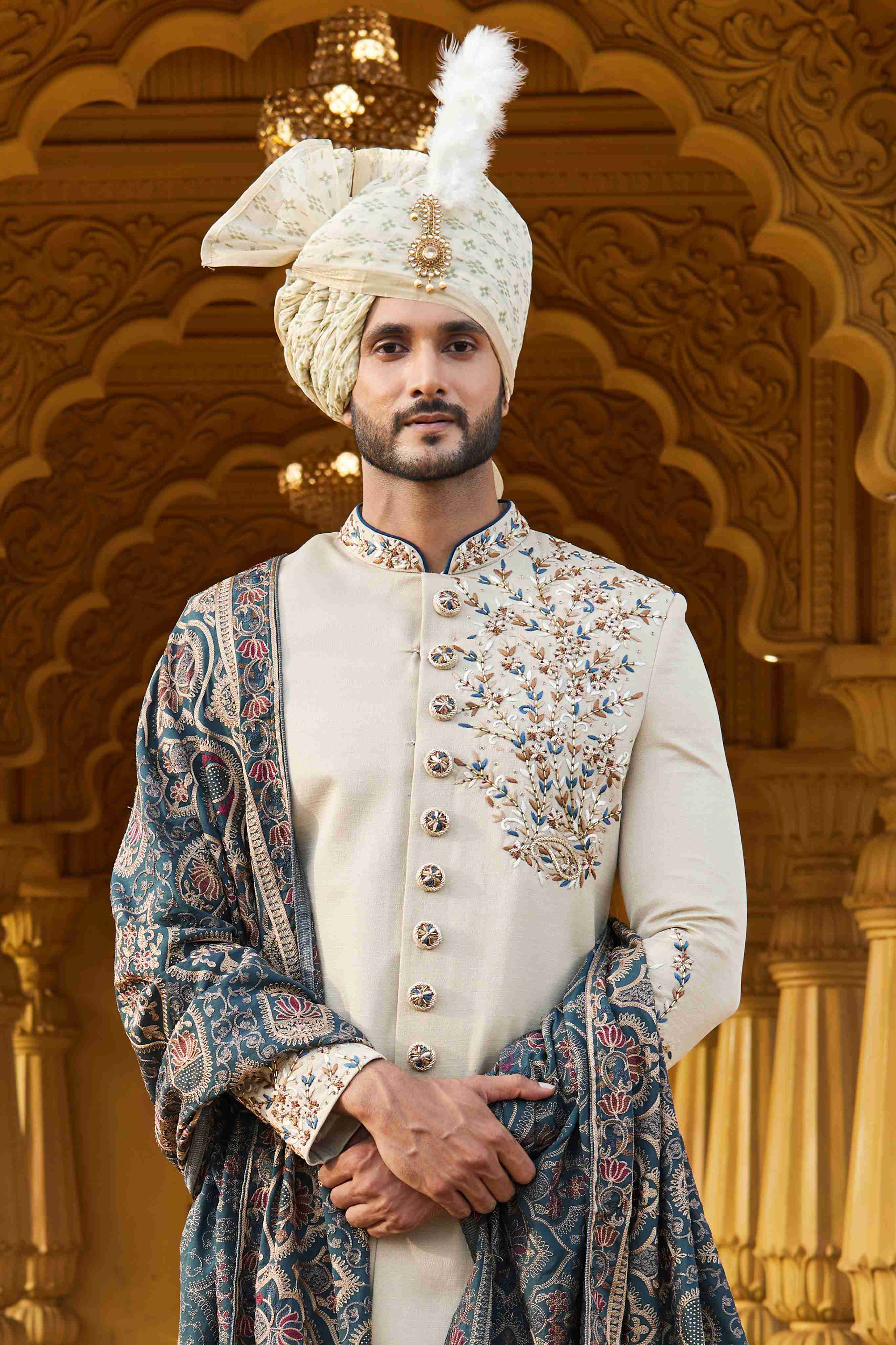 Ivory Cream Embroidered Sherwani with Designer Shawl