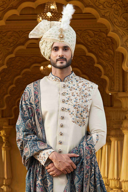 Ivory Cream Embroidered Sherwani with Designer Shawl