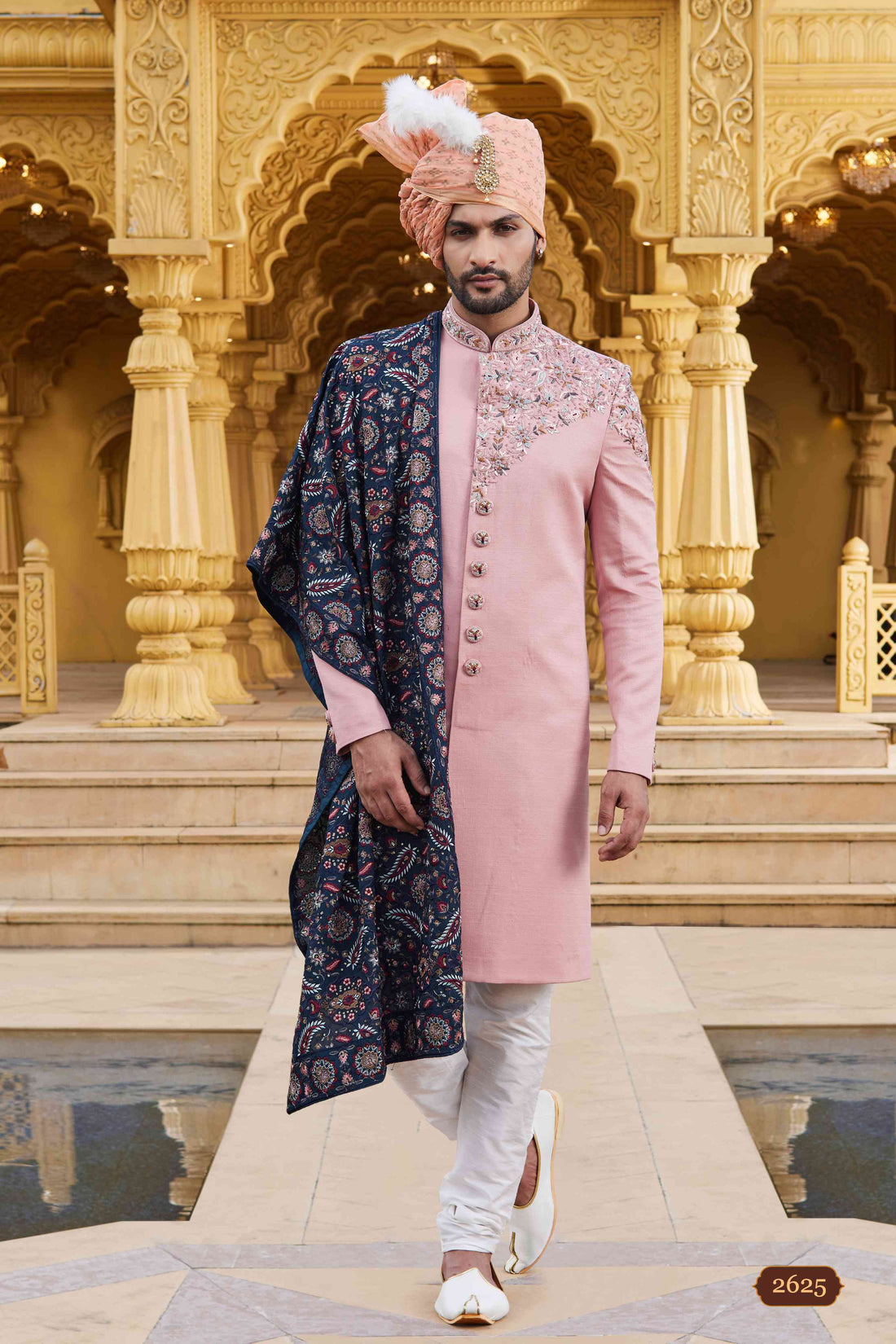 Dark Pink Designer Sherwani with Embroidered Dupatta for Men