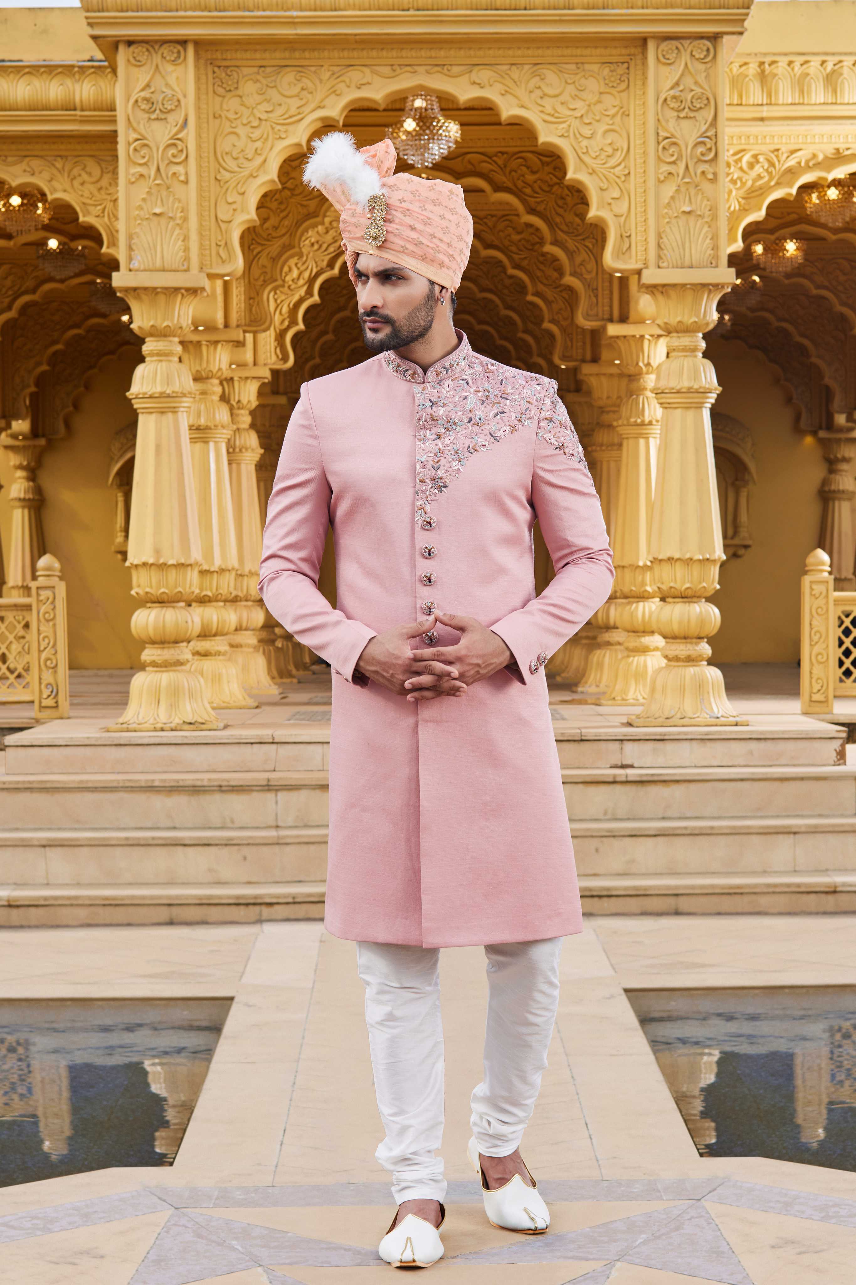Dark Pink Designer Sherwani with Embroidered Dupatta for Men