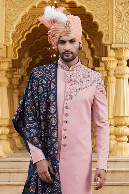 Dark Pink Designer Sherwani with Embroidered Dupatta for Men