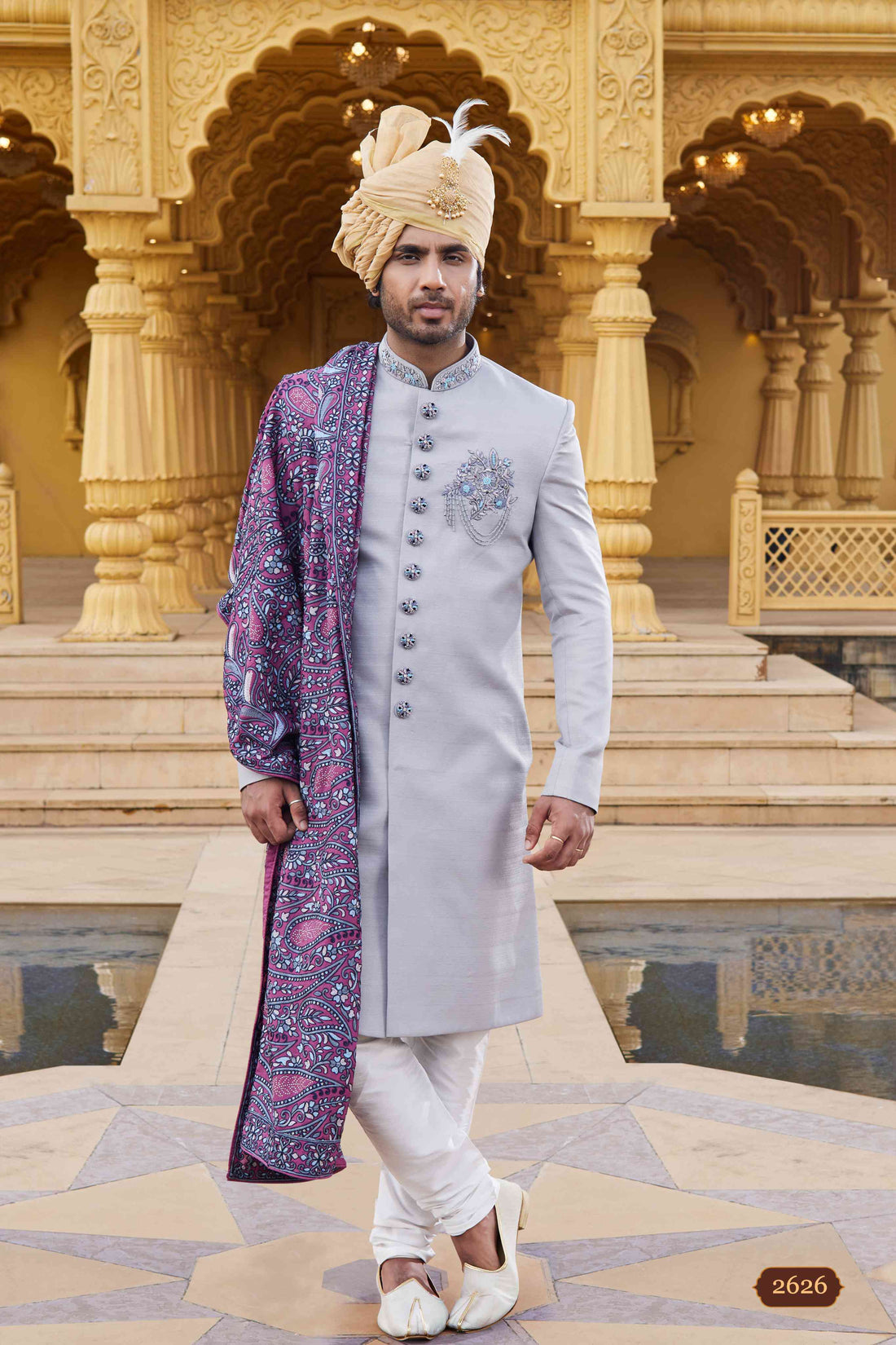Grey Designer Sherwani with Purple Embroidered Dupatta