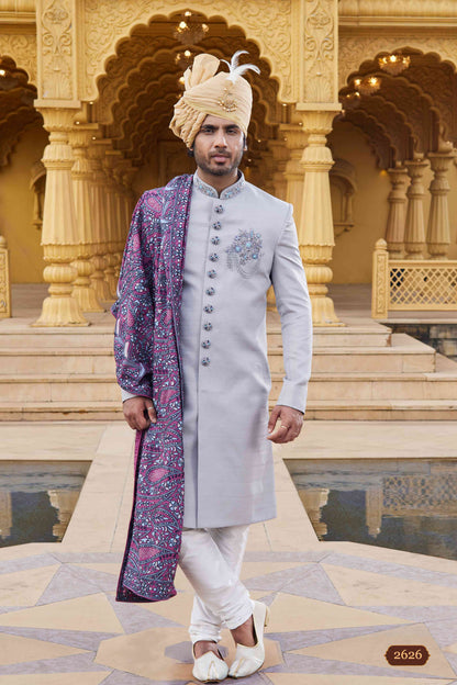 Grey Designer Sherwani with Purple Embroidered Dupatta