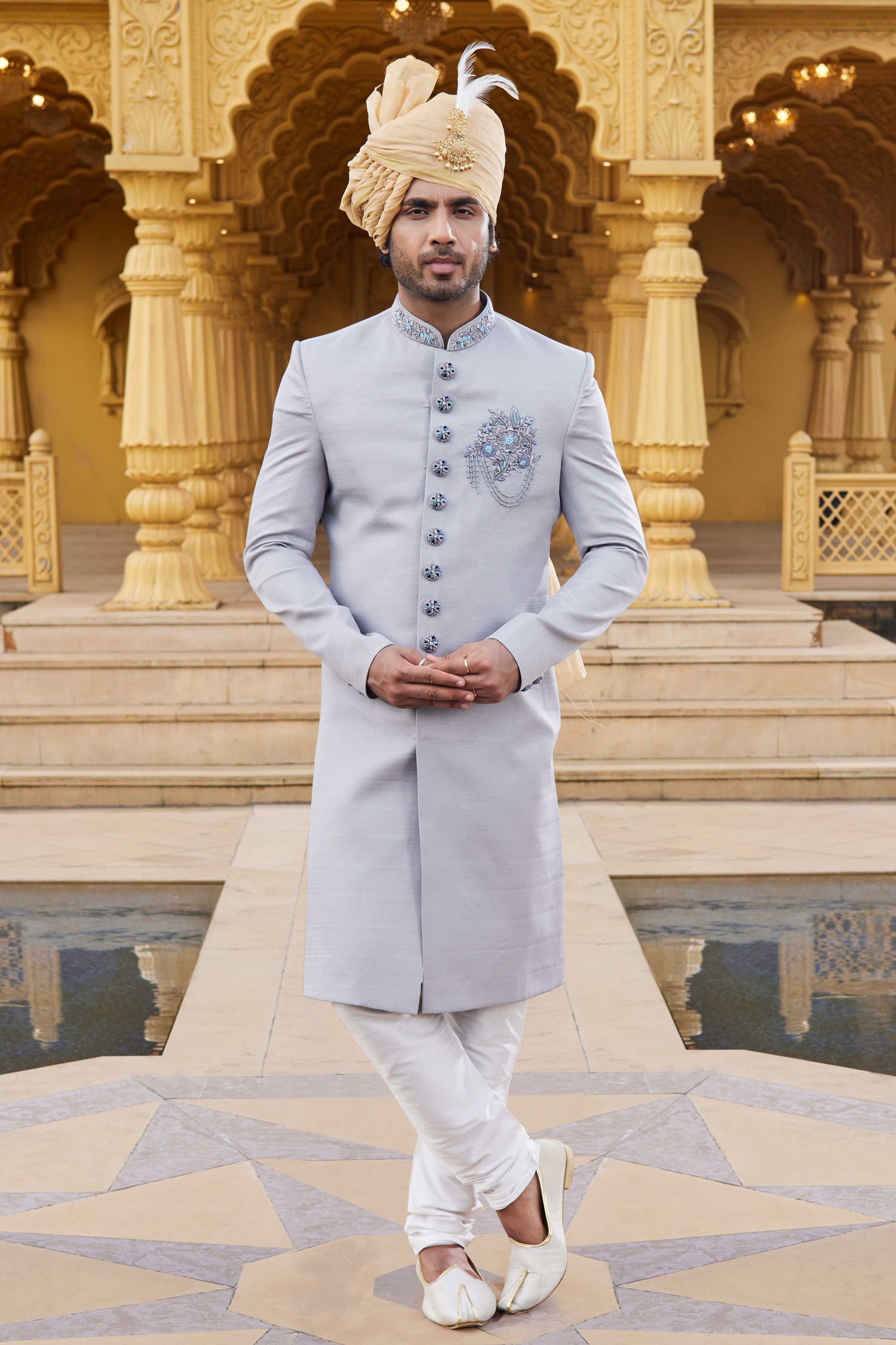 Grey Designer Sherwani with Purple Embroidered Dupatta