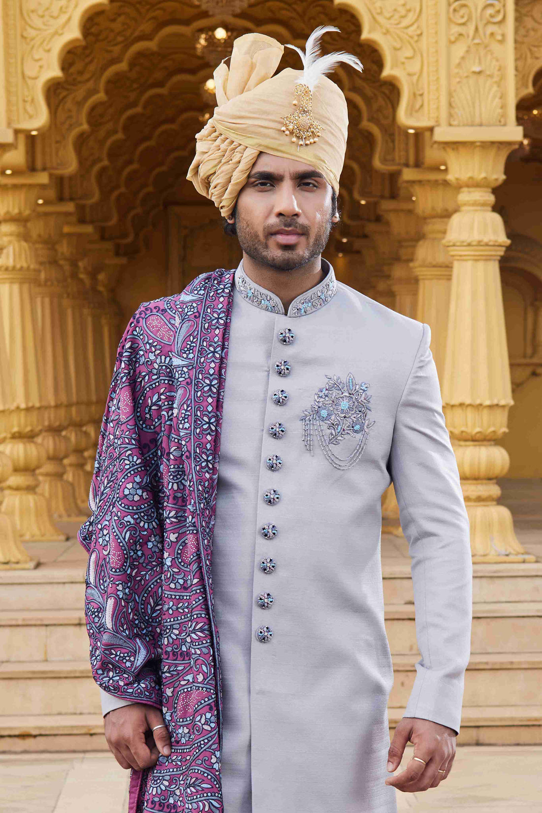 Grey Designer Sherwani with Purple Embroidered Dupatta