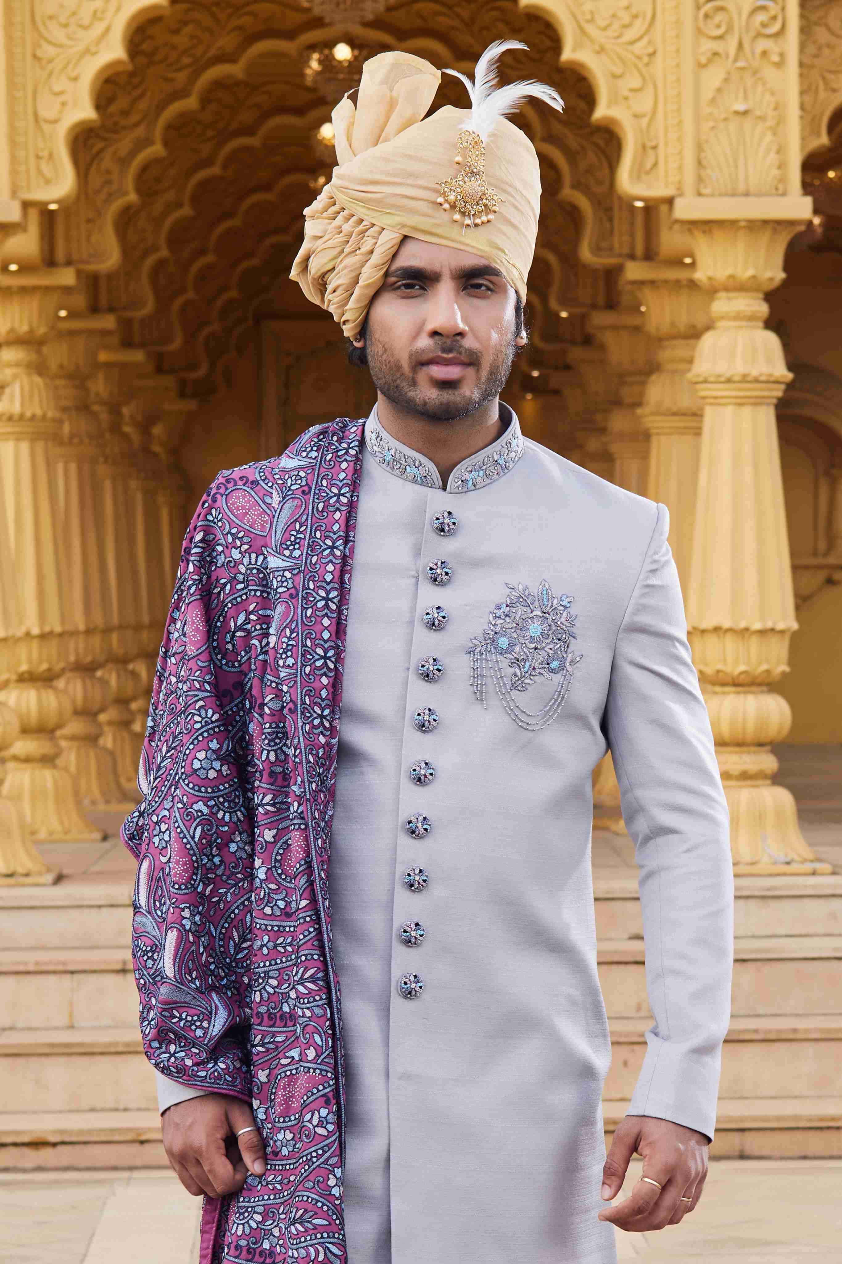 Grey Designer Sherwani with Purple Embroidered Dupatta