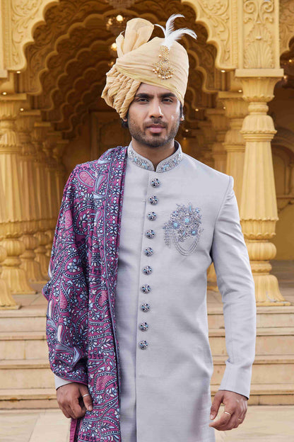Grey Designer Sherwani with Purple Embroidered Dupatta