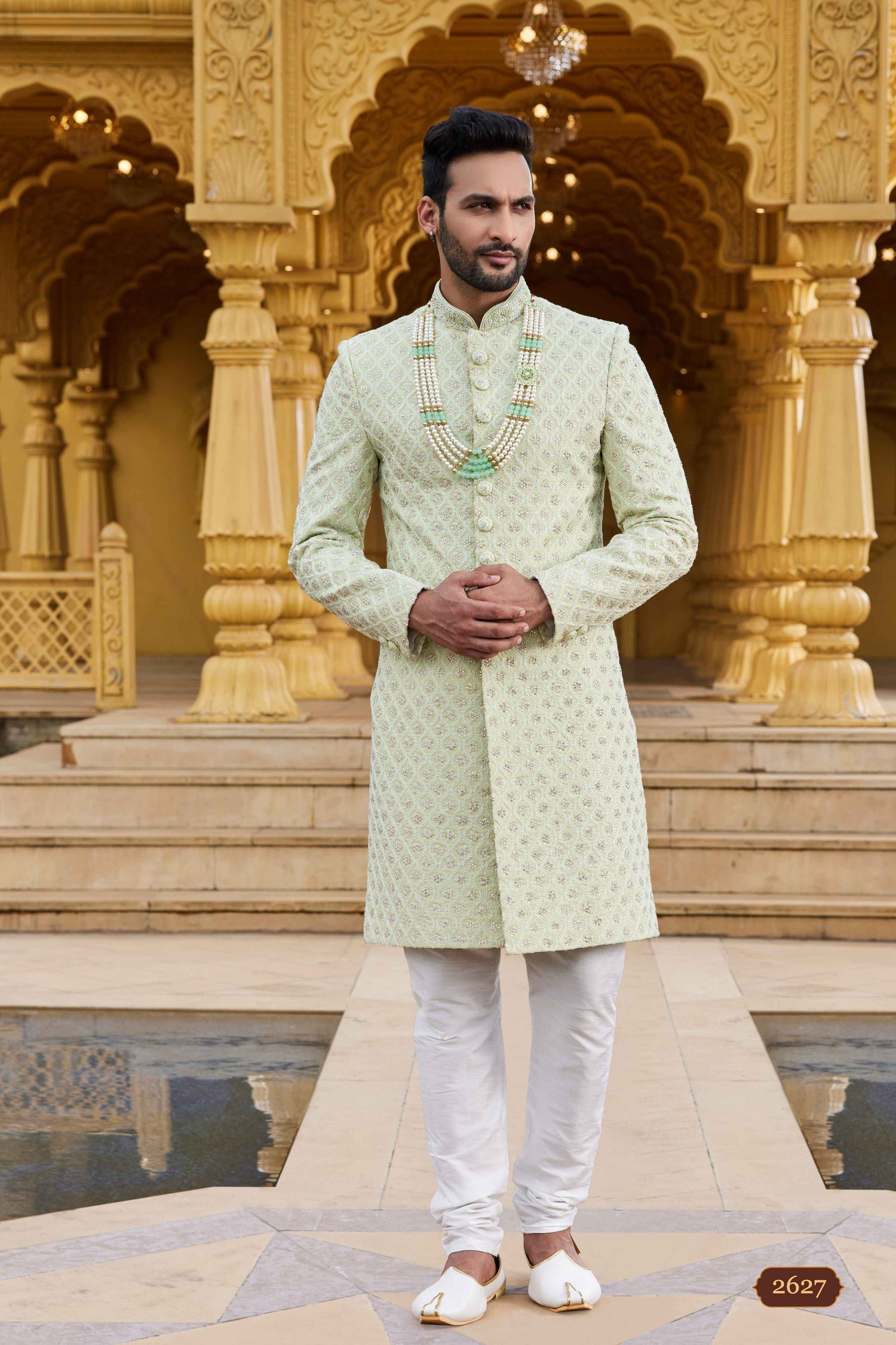 Pista Green Designer Sherwani for Men with Embroidery