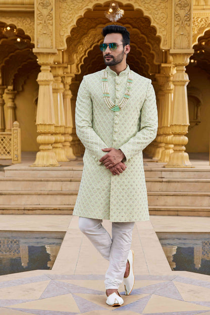 Pista Green Designer Sherwani for Men with Embroidery