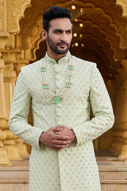 Pista Green Designer Sherwani for Men with Embroidery